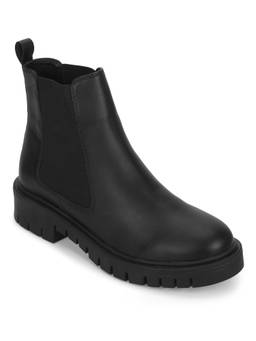 Truffle Collection - Black PU Cleated Bottom Ankle Boots