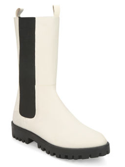 Truffle Collection - White PU Slide On Calf Length Boots