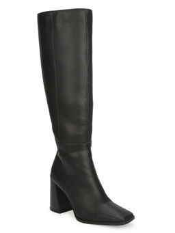 Truffle Collection - Black PU Thigh High Block Heel Boots