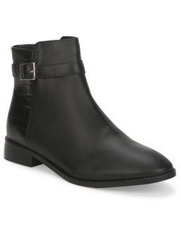 Truffle Collection - Black PU Side Buckle Low Ankle Boots