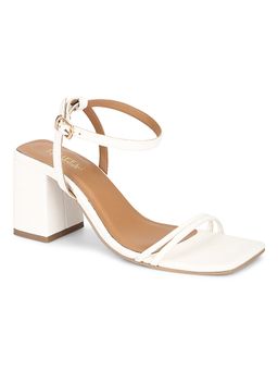 Truffle Collection - White PU Double Strap Block Heels