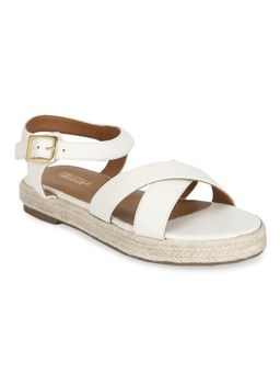 Truffle Collection - White PU Criss Cross Straps Jute Sandals