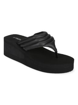 Truffle Collection - Black PU Wedge Heel Flip Flops