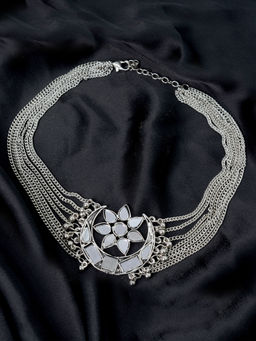 Teejh - by Joker and Witch Palak Silver Oxidized Mirror Necklace