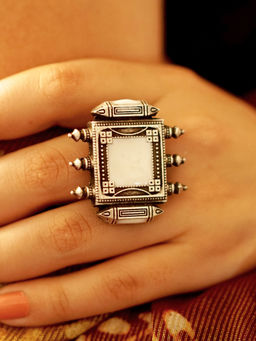 Teejh - by Joker and Witch Silver Oxidized Meena White Enamel Ring