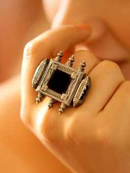 Teejh - by Joker and Witch Silver Oxidized Meena Black Enamel Ring