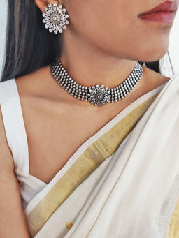 Teejh - by Joker and Witch Sasha White Circular Oxidized Necklace With Earring Set (Pack of 2)