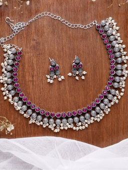 Teejh - by Joker and Witch Red Brass Necklace with Earrings (Set of 2)