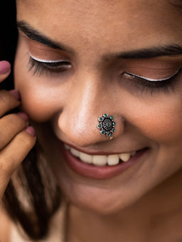 Teejh - by Joker and Witch Aagamya Green Stone Silver Oxidised Nose Pin