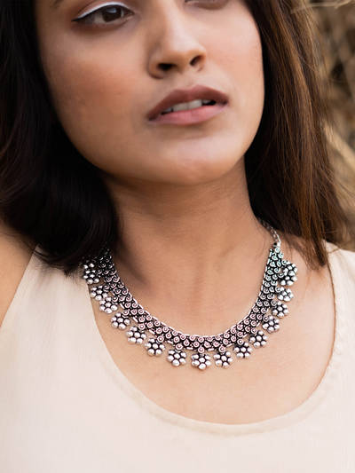 by Joker and Witch Praanvi Silver Oxidised Choker Necklace