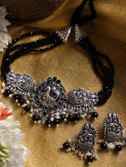 Teejh - By Joker & Witch Darshika Silver Oxidised Pearl And Black Stones Choker Necklace Set