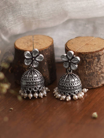 By Joker & Witch Luminous Polki Silver Oxidised Pearl Jhumki Earrings