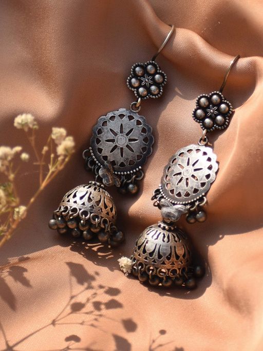 Teejh by Joker & Witch Anushreya Floral Silver Oxidised Jhumki for Women