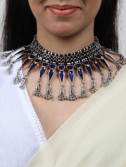 Teejh - by Joker and Witch Inaya Blue Silver Oxidised Choker Necklace for Women