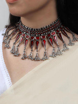 Teejh - by Joker and Witch Bheena Red Silver Oxidised Choker Necklace for Women