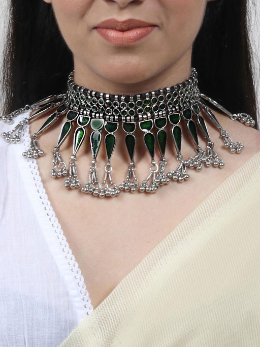 Teejh by Joker and Witch Heeral Green Silver Oxidised Choker Necklace for Women