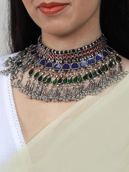 Teejh - by Joker and Witch Zaira Mulitcolored Silver Oxidised Choker Necklace for Women