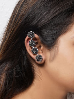Teejh - by Joker and Witch Dipanshu Silver Oxidised Floral Earcuffs for Women