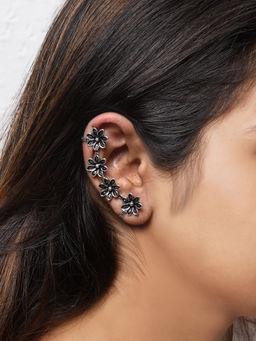 Teejh - by Joker and Witch Ekta Silver Oxidised Floral Earcuffs for Women