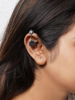 Teejh - by Joker and Witch Krisha Red Stone Silver Oxidsed Clip On Bugadi for Women