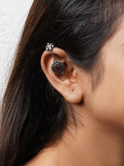 Teejh - by Joker and Witch Nitara Red Stone Silver Oxidsed Clip On Bugadi for Women