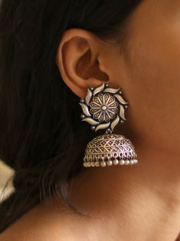 Teejh - by Joker and Witch Prisha Silver Oxidised Floral Jhumki Earrings for Women