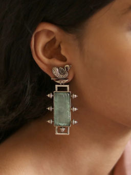 Teejh - by Joker and Witch Samaira Silver Oxidised Green Stone Earrings for Women
