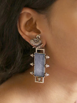 Teejh - by Joker and Witch Samaira Silver Oxidised Grey Stone Earrings for Women