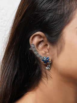 Teejh - by Joker and Witch Viha Silver Oxidised Blue Floral Ear Cuffs for Women