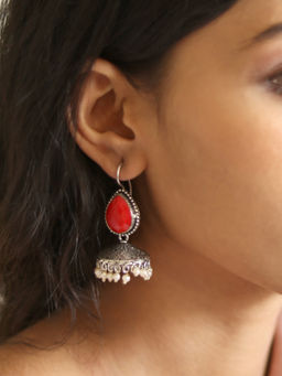 Teejh - by Joker and Witch Sahasra Red Stone Silver Oxidised Earrings for Women