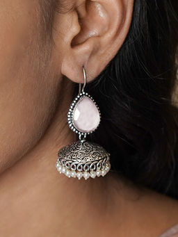 Teejh - by Joker and Witch Sahasra Pink Stone Silver Oxidised Earrings for Women