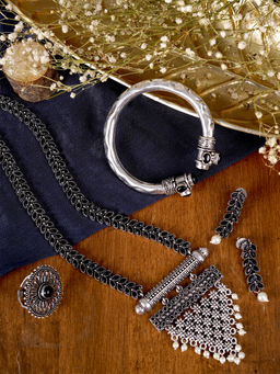 Teejh - by Joker and Witch Silver Mixed Metal Bracelet with Ring, Necklace and Earrings (Set of 4)