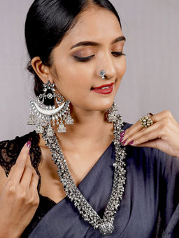 Teejh - by Joker and Witch Silver Mixed Metal Earrings with Necklace, Rings and Nose Pin (Set of 4)