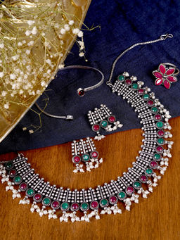 Teejh - by Joker and Witch Silver Mixed Metal Necklace with Ring, Bracelet and Earrings (Set of 4)