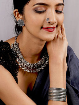 Teejh - by Joker and Witch Silver Mixed Metal Cuff with Earrings, Nose Pin and Necklace (Set of 4)