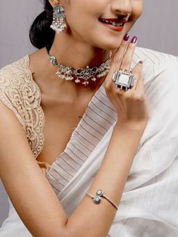 Teejh - by Joker and Witch Silver Brass Earrings with Bracelet, Ring and Necklace (Set of 4)