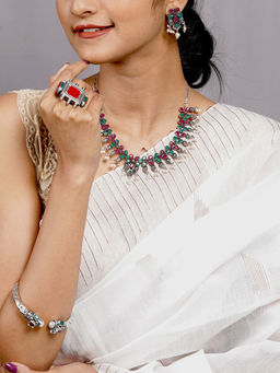 Teejh - by Joker and Witch Silver Mixed Metal Necklace with Earrings, Bracelet and Ring (Set of 4)