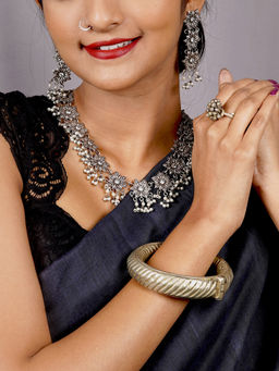 Teejh - by Joker and Witch Silver Brass Necklace with Earrings, Nose Pin, Rings and Kada (Set of 5)
