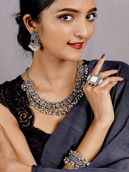 Teejh - by Joker and Witch Silver Brass Ring with Earrings, Bangle and Necklace (Set of 4)