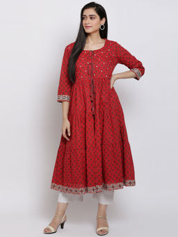 Biba - Red Printed Kurta With Inner Slip (Set of 2)