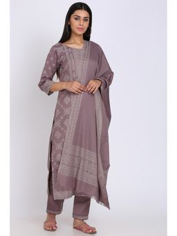 Biba - Grey Printed Kurta Fabric With Bottom Fabric And Dupatta (Set of 3)