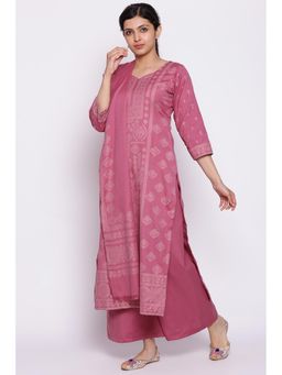 Biba - Pink Printed Kurta Fabric With Bottom Fabric And Dupatta (Set of 3)