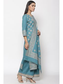 Biba - Turquoise Printed Kurta Fabric With Bottom Fabric And Dupatta (Set of 3)