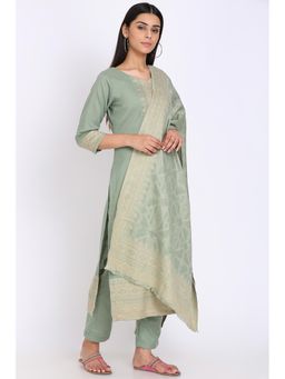 Biba - Turquoise Printed Kurta Fabric With Bottom Fabric And Dupatta (Set of 3)