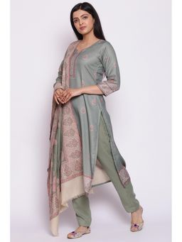 Biba - Green Printed Kurta Fabric With Bottom Fabric And Dupatta (Set of 3)