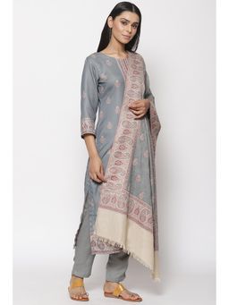 Biba - Grey Printed Kurta Fabric With Bottom Fabric And Dupatta (Set of 3)