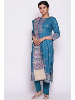 Biba - Turquoise Printed Kurta Fabric With Bottom Fabric And Dupatta (Set of 3)