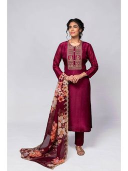 Biba - Wine Unstitched Dress Material Suit (Set of 3)
