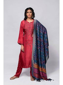 Biba - Red Unstitched Dress Material Suit (Set of 3)