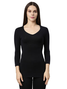 Enamor - Women's V-Neck 3/4Th Thermal Top With Sweat Wicking And Antimicrobial Finish - Black